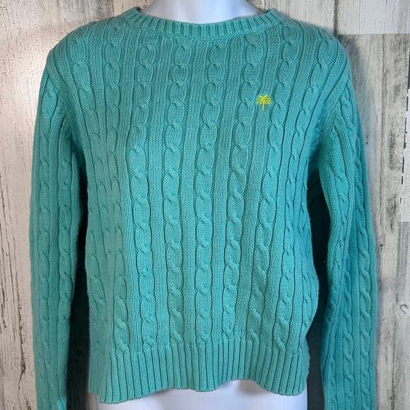 VTG Lilly Pulitzer Teal Cable Knit Sweater M | 100% Cotton | Palm Logo - Picture 1 of 7